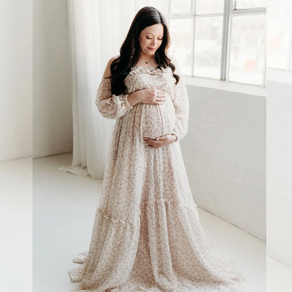 Maternity Elegant Floral Chiffon Dress One Shoulder Long Sleeved Two-piece