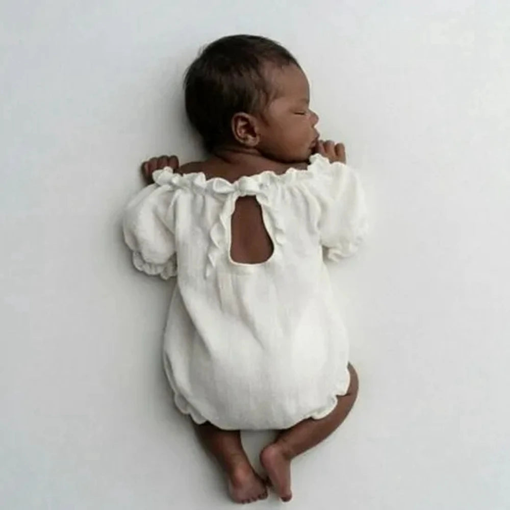 Newborn Romper Off Shoulder Back Cutout Ruffle Detail Baby White