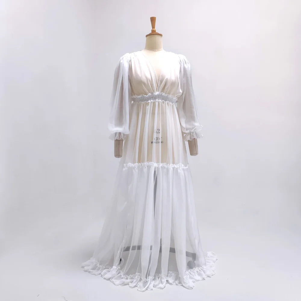 Photography Dress For Women White Transparent Chiffon V-neck Long Sleeved Dress Maternity Dress For Photo Shoot Pregnant