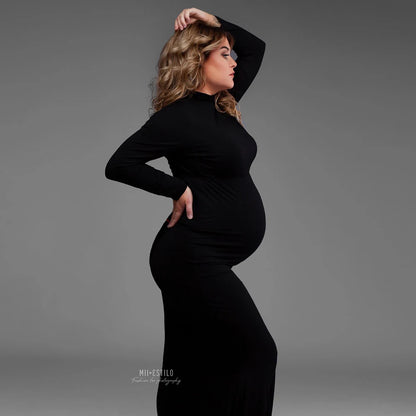 Maternity Fashionable Black Stretch Cotton Floor Length Dress Baby Showers Pregnancyphoto