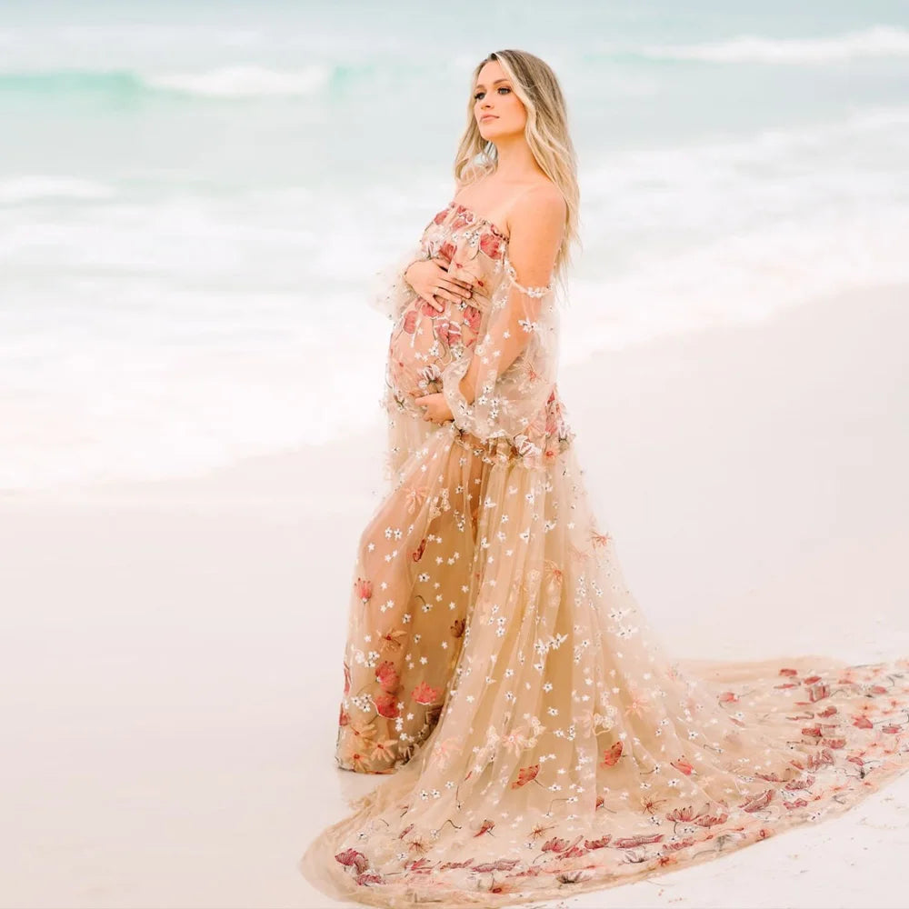 Lace Maternity Dress Off Shoulder Embroidered Yarn Floral Long Sleeves Two-piece Set Dress For Pregnant Women Baby Shower Dresse