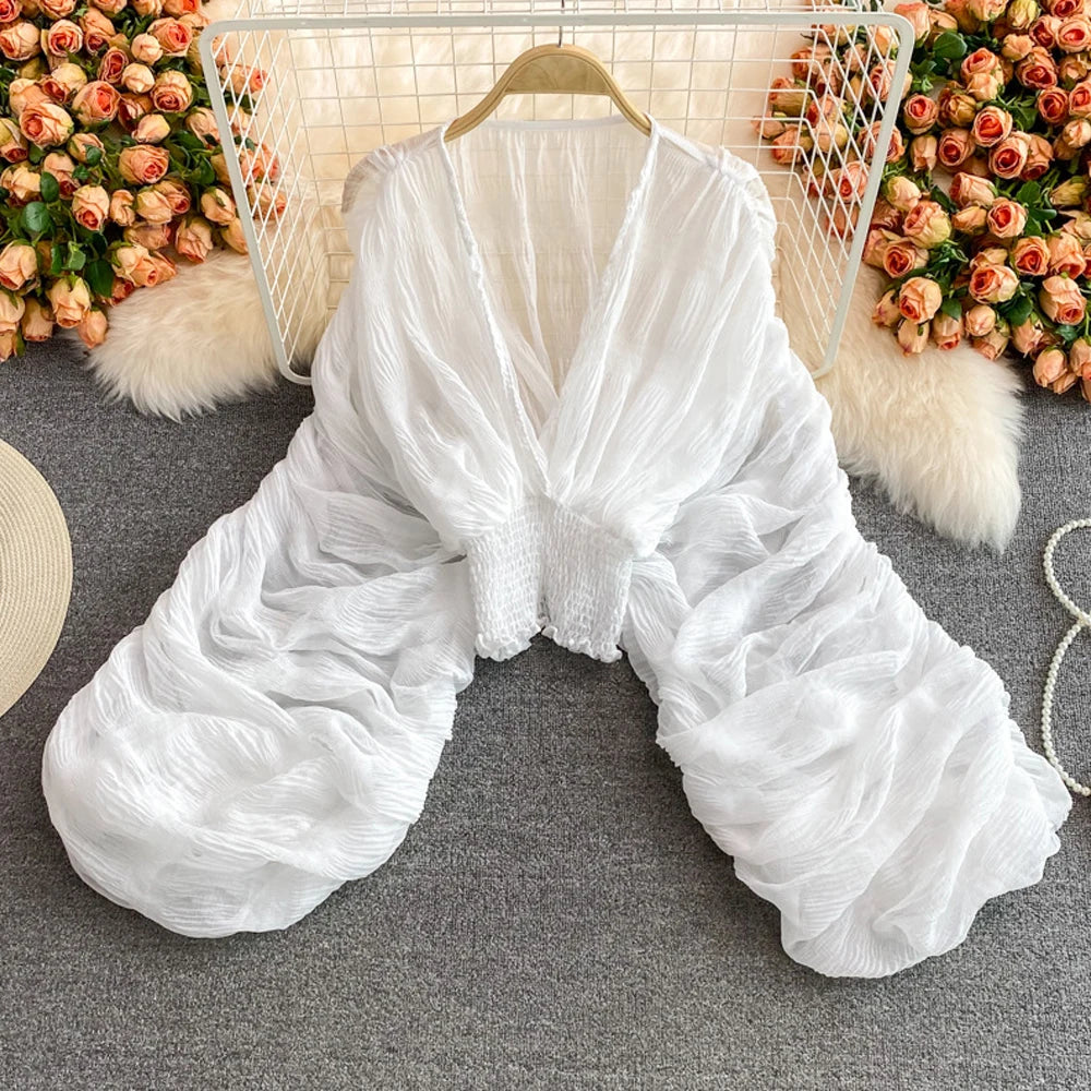 Maternity Pleated Top Female Fold Puff Sleeve Loose