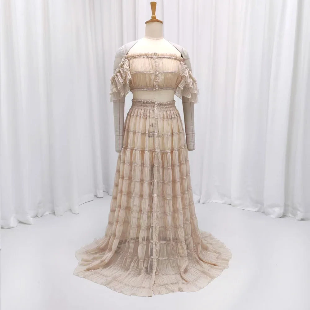 Bohemian Photo Shooting Pregnancy Dress Folded Chiffon Two-Piece Set Button up Dress Elegant Dress in Photography Studio