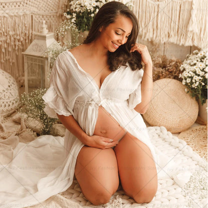 Maternity Waist Drawstring Boho Linen Cotton Dress