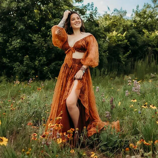 Bohemian Photo Shooting Pregnancy Dress Sequined Lace V-neck Dress Two-piece Set Boho Style Dress Photo Shoot Pregnant