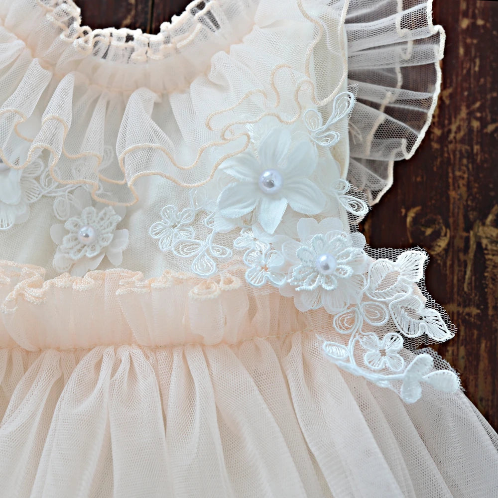 Newborn Beige Lace Tulle Dress Baby Costume Elegant Style Newborn Set