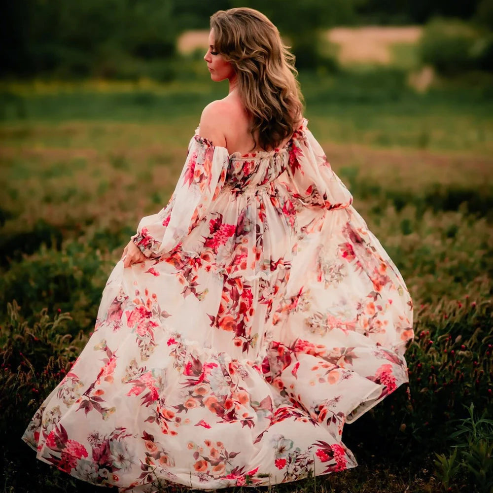 Maternity Dress Floral Chiffon Two-piece Long Sleeved Short Top Baby Showers