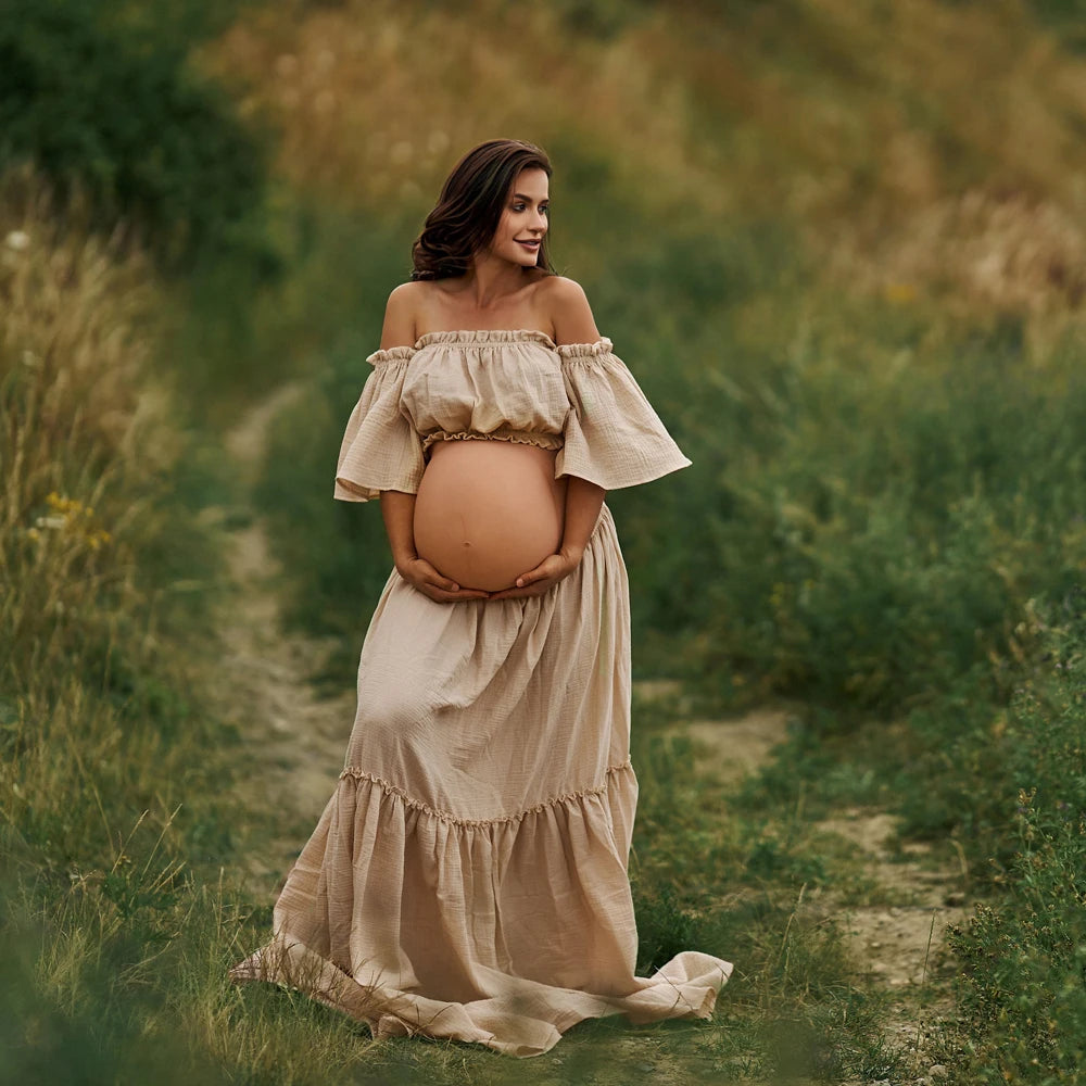Women Boho Dress Comfortable Linen Cotton Maternity Clothing Vintage  Short Sleeve Dress For Pregnancy Photo Shoot