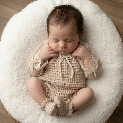 Newborn Knit Romper | Knit Baby Romper Vintage Lace Long Sleeve Bow Princess Infant Photoshoot Outfit Studio Clothes Photo Outfit
