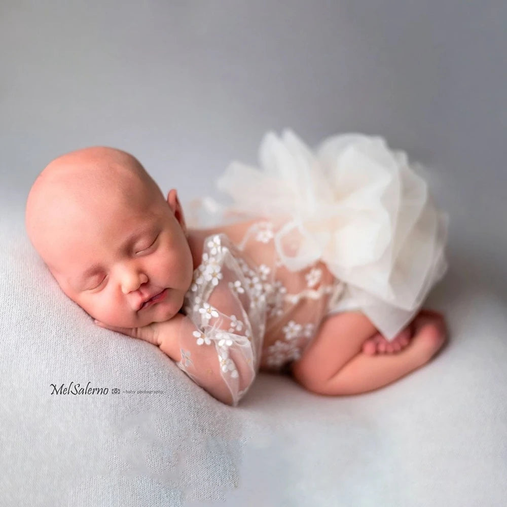 Baby Girl White Lace Tutu Romper Floral Ruffle Sleeve Soft Newborn Photo