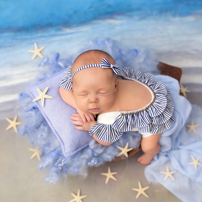 Blue White Stripe Ruffle Romper Baby Off Shoulder Bodysuit Girl