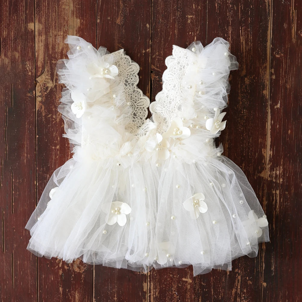 Baby Girl White Tutu Dress Pearl Embellished Ruffle Lace Tulle Skirt Newborn Set
