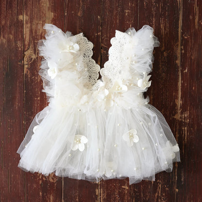 Baby Girl White Tutu Dress Pearl Embellished Ruffle Lace Tulle Skirt Newborn Set