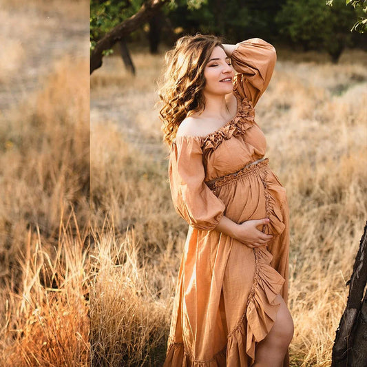 Maternity Baby Showers Cotton One Shoulder Long Sleeved Two-piece Dress