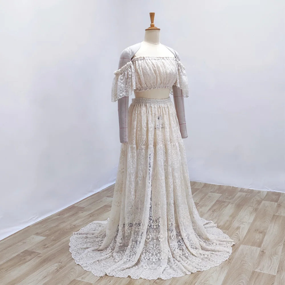 Maternity Dresses For Photo Shoot Simple Elegant Cotton Thread Embroidered Off Shoulder Two Piece Photography Dress For Women