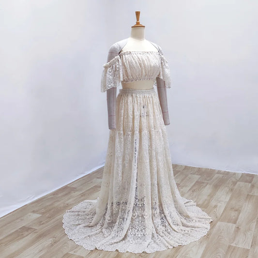 Maternity Dresses For Photo Shoot Simple Elegant Cotton Thread Embroidered Off Shoulder Two Piece Photography Dress For Women