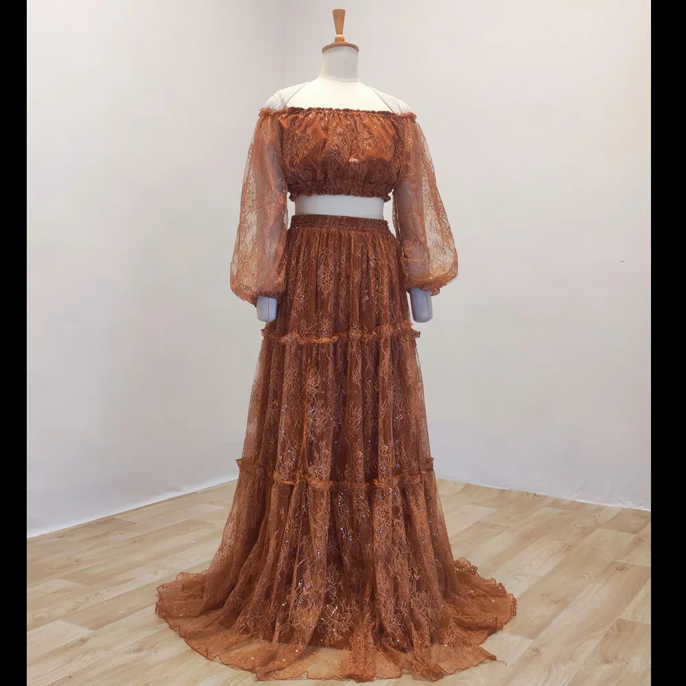 Maternity Gown For Photo Shoot V-neck And Off Shoulder Lace Dress Two-piece Set Boho Pregnant Dress Photography Dress For Women