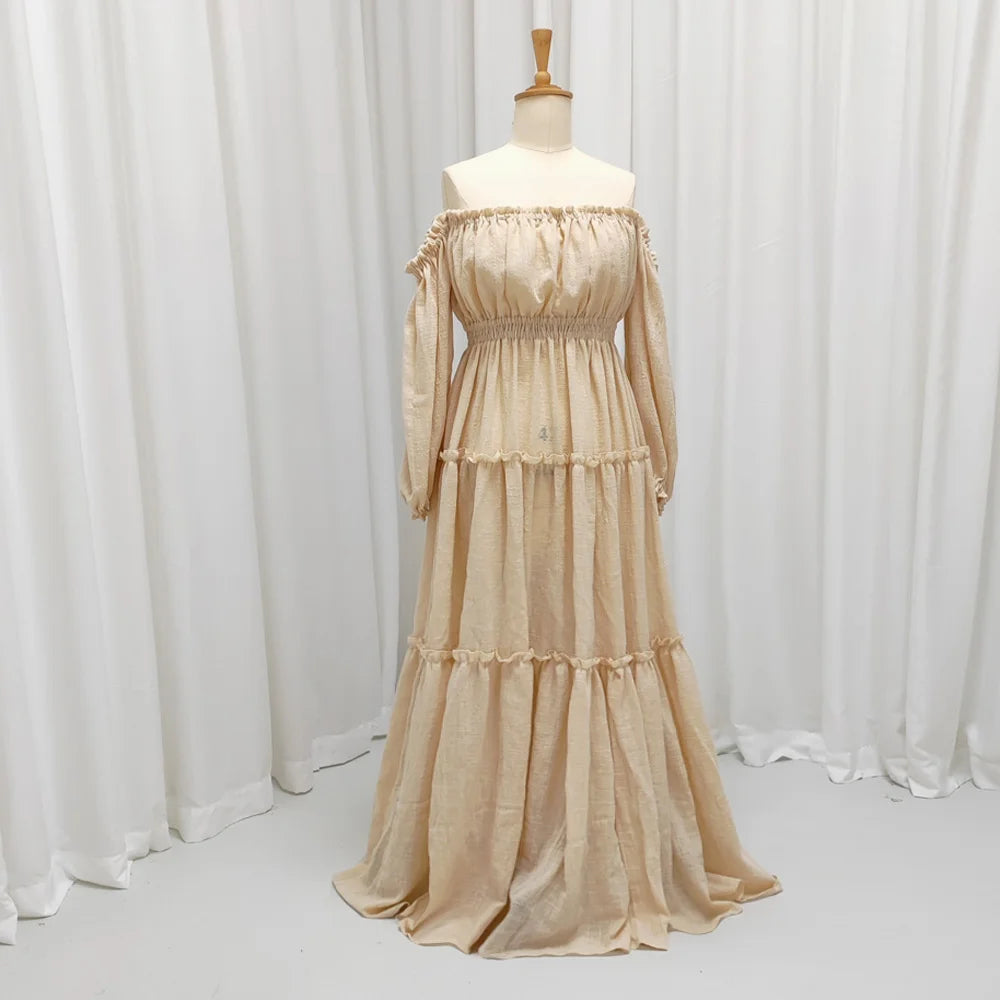 Soft Linen Cotton Off Shoulder Long Sleeved Cake Dress Bohemian Photo Shooting Pregnancy Dress Photography Dress For Women