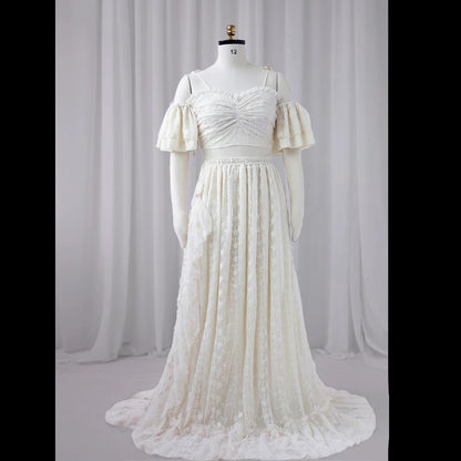 Maternity Beige Lace Two-piece Suspender Dress