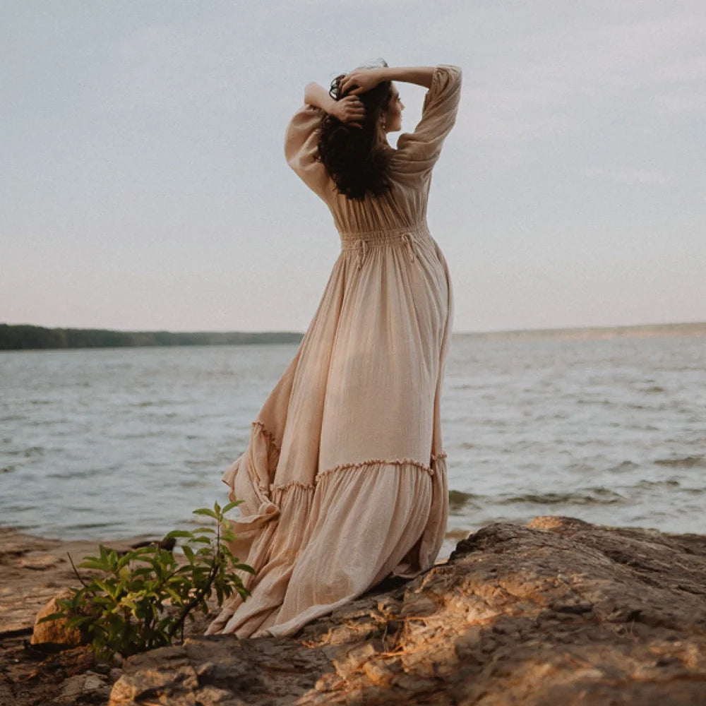 Bohemian Pregnancy Dress Vintage Comfortable Linen Cotton Off Shoulder Long Sleeved Dress Boho Style Baby Shower Dress