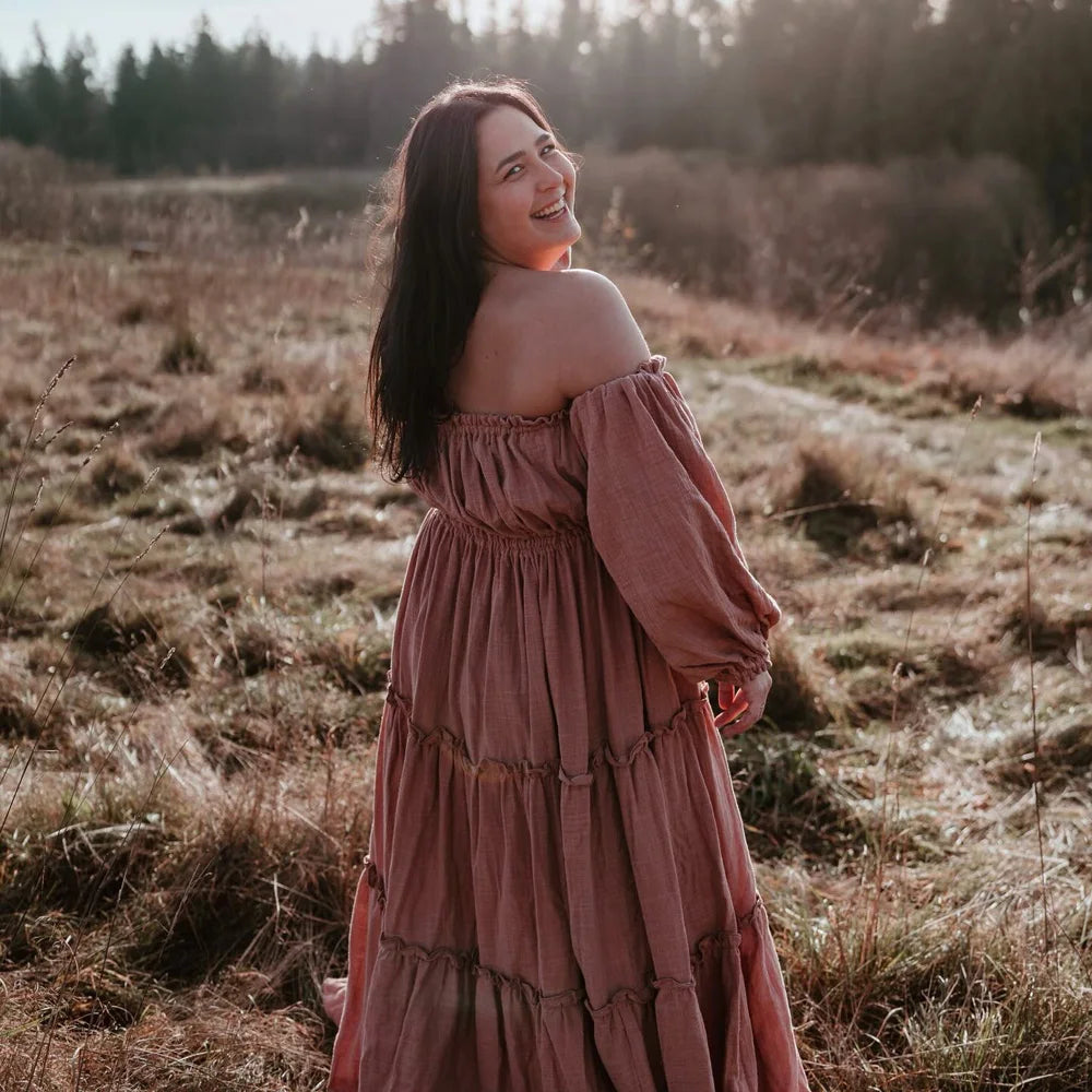 Soft Linen Cotton Off Shoulder Long Sleeved Cake Dress Bohemian Photo Shooting Pregnancy Dress Photography Dress For Women
