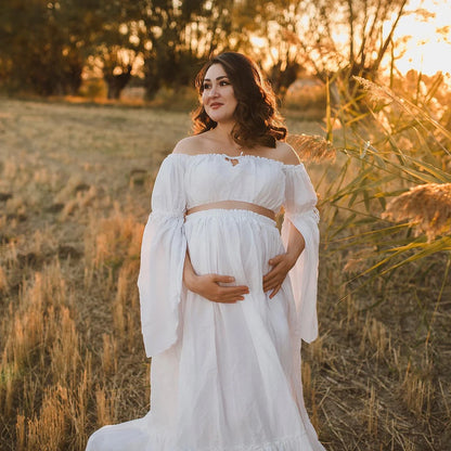Maternity Linen Cotton Long Sleeved One Shoulder Elegant Two-piece Set Dress