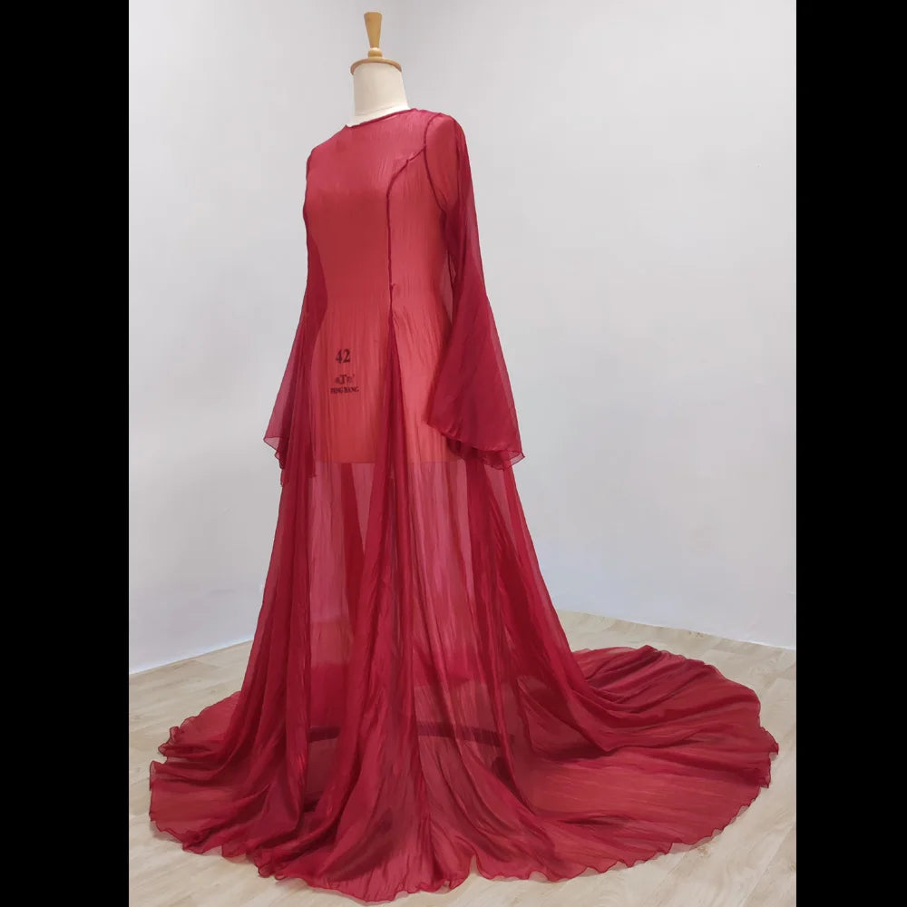 Simple Style Long Sleeve Soft Tulle Dress Clothes For Pregnant Women Floor Length Long Tail Dress Maternity Photo Shoot Dresses
