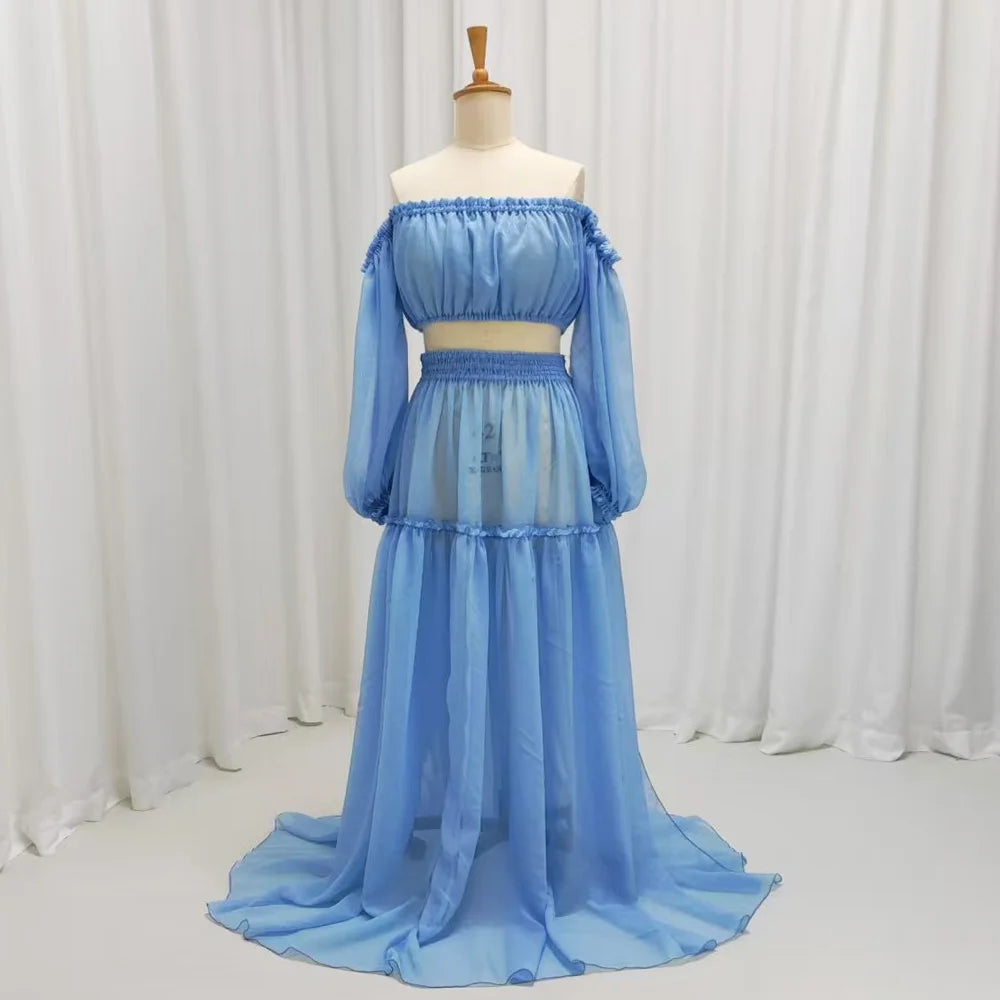 Boho Maternity Dress For Photo Shoot Woman Starlight Dot Chiffon Dress Off Shoulder Long Sleeve Beach Photography Gown