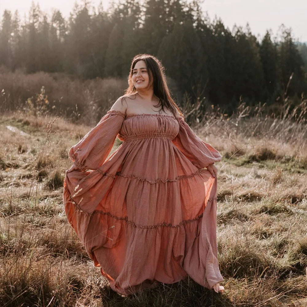 Soft Linen Cotton Off Shoulder Long Sleeved Cake Dress Bohemian Photo Shooting Pregnancy Dress Photography Dress For Women