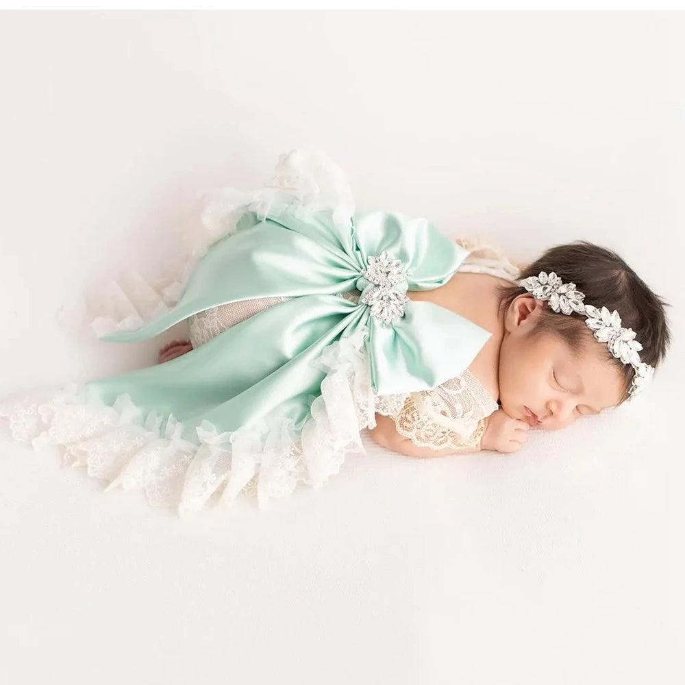 Newborn Baby Girl Lace Ruffled Romper Oversized Satin Bow Rhinestone Headband Photo