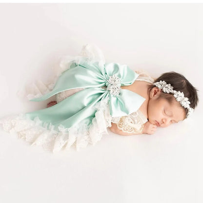 Newborn Baby Girl Lace Ruffled Romper Oversized Satin Bow Rhinestone Headband Photo