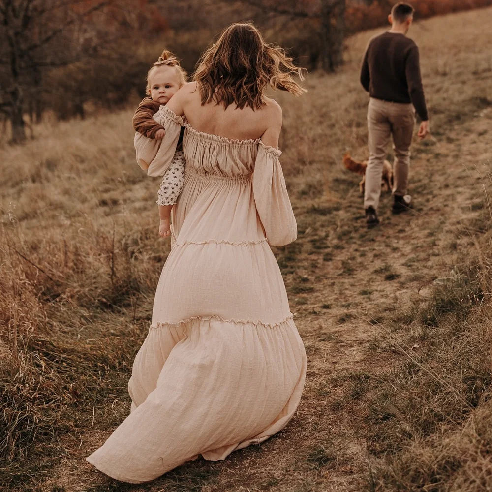Soft Linen Cotton Off Shoulder Long Sleeved Cake Dress Bohemian Photo Shooting Pregnancy Dress Photography Dress For Women