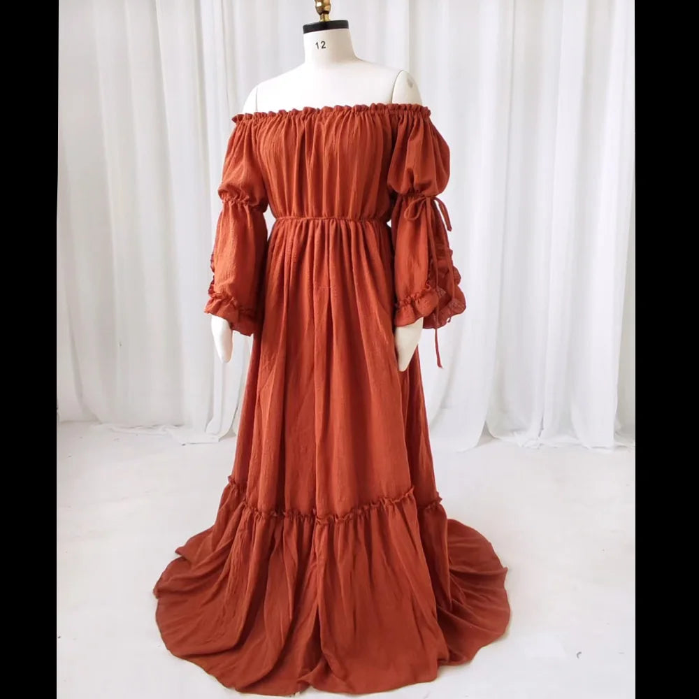 Maternity Comfortable Linen Cotton One Shoulder Lace Long Sleeved Dress