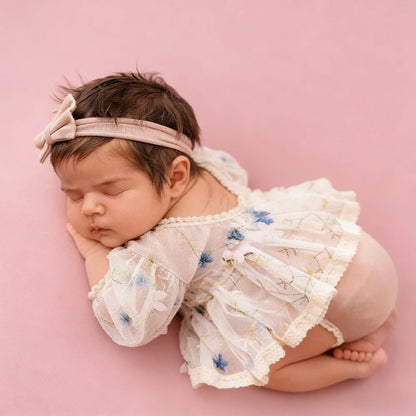 Newborn Girl White Lace Tutu Romper Blue Floral Embroidery Baby Dress Princess