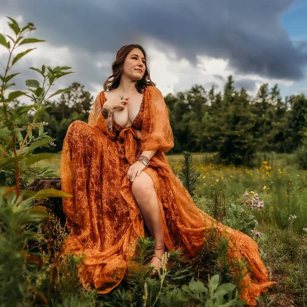 Bohemian Photo Shooting Pregnancy Dress Sequined Lace V-neck Dress Two-piece Set Boho Style Dress Photo Shoot Pregnant