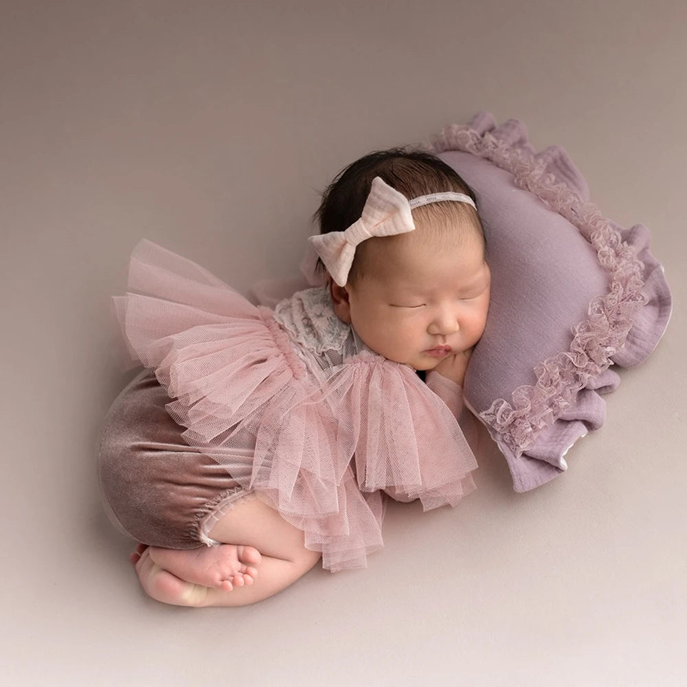 Newborn Photo Baby Girl Pink Lace Tutu Romper Velvet Shorties Ruffle Tulle Bow Headband