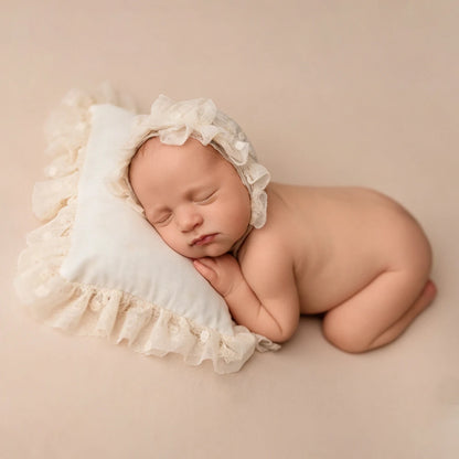 Beige Ruffle Lace Bonnet Pillow Set Baby Newborn Studio
