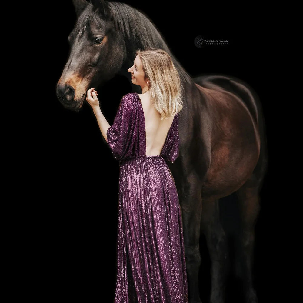  Elegant Vintage Sequin V-neck Backless Dress Maternity Photography Props Dress Bohemian Photo Shooting Pregnancy Dress