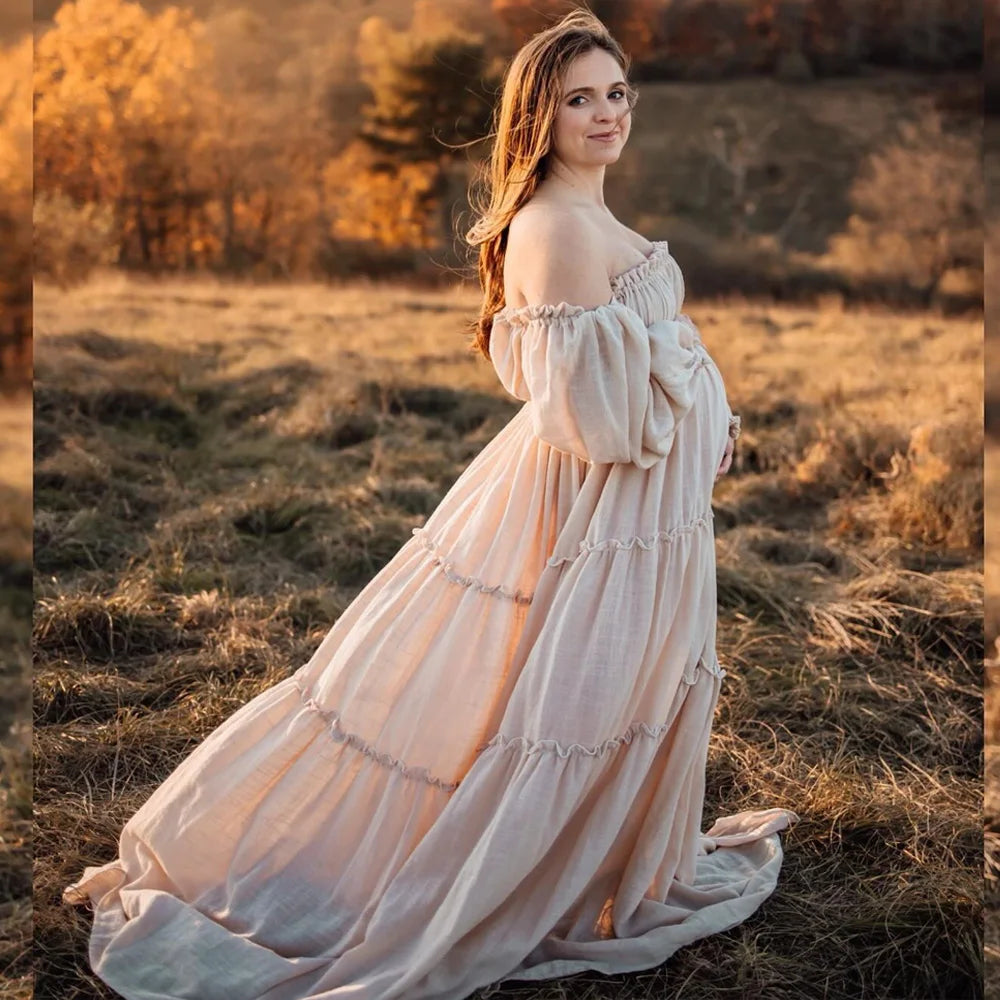 Soft Linen Cotton Off Shoulder Long Sleeved Cake Dress Bohemian Photo Shooting Pregnancy Dress Photography Dress For Women