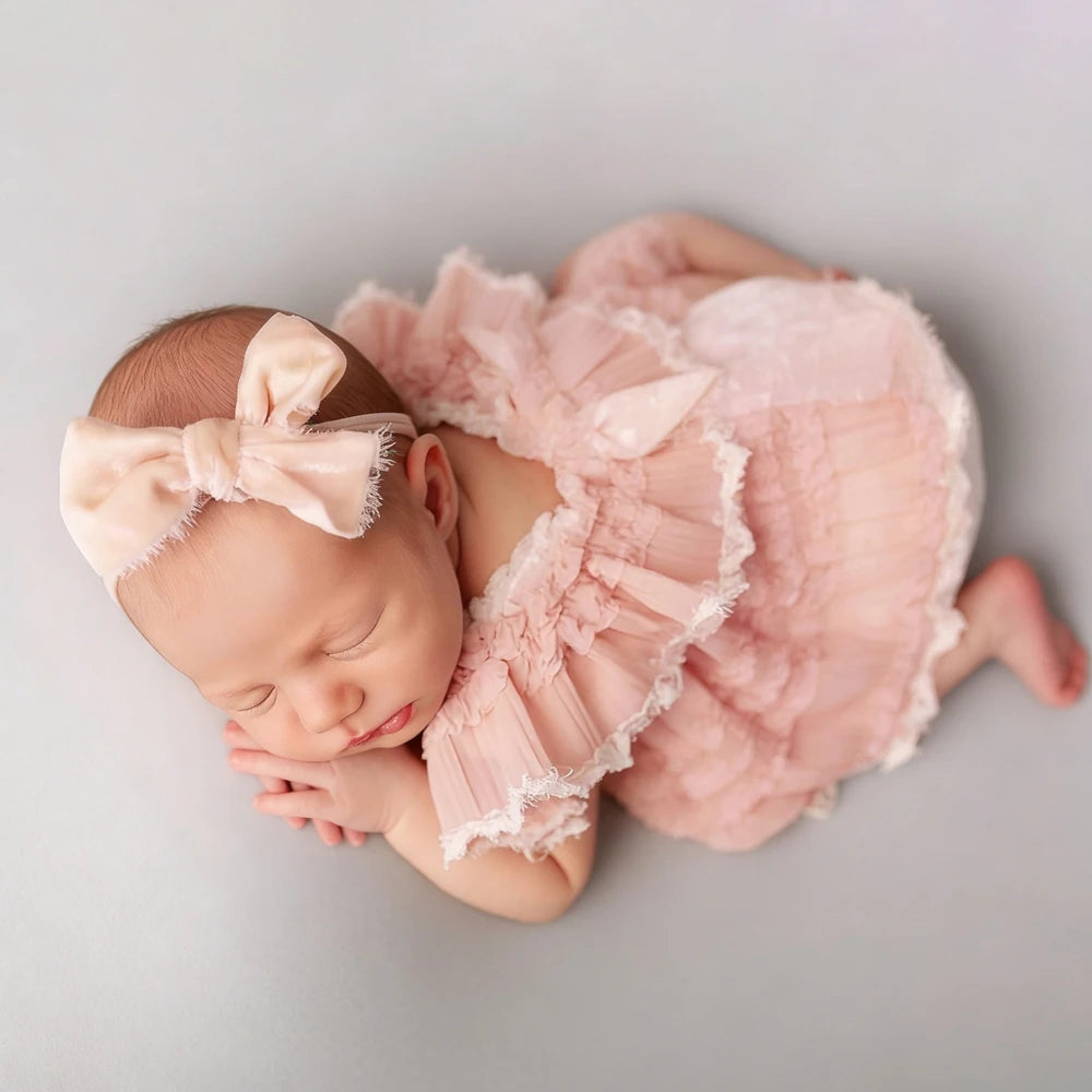 Newborn Pink Ruffled Chiffon Baby Photo Costume Soft Newborn Set