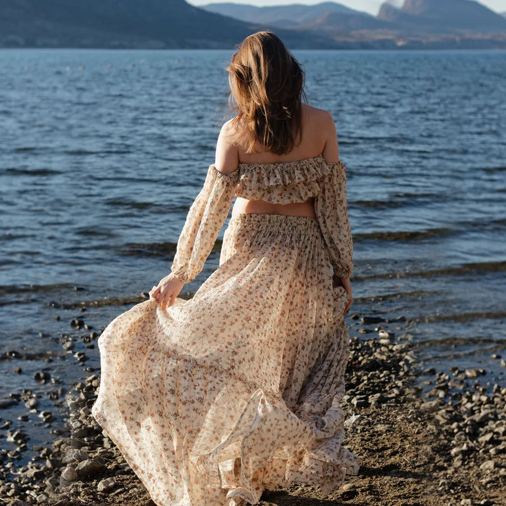 Bohemian Maternity Photo Dress Flowing Printed Chiffon Ruffle Edge Off Shoulder Two-piece Dress Set Photography Dress For Women