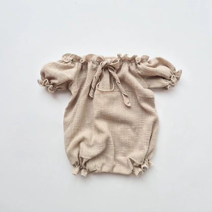 Vintage Beige Linen Cotton Off Shoulder Ruffle Romper Baby Girl