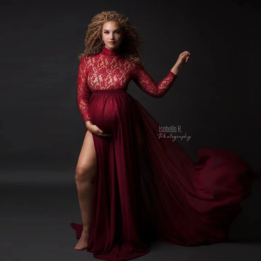 Maternity Dress Stretchy Lace Bodysuit Removable Chiffon Sides Slit Skirt