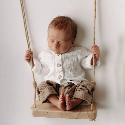 Cotton Muslin White Button Top Khaki Pants Baby Boy Set