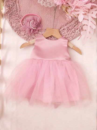 2pcs Baby Girl Pearl Style Dress Rose Flower Headband Newborn Set