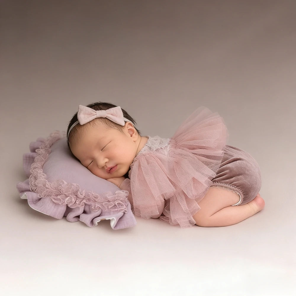 Newborn Photo Baby Girl Pink Lace Tutu Romper Velvet Shorties Ruffle Tulle Bow Headband