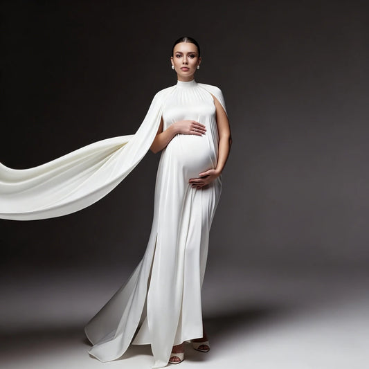 Elegant High-Neck Cape-Sleeve Maternity Gown | KOOUOO