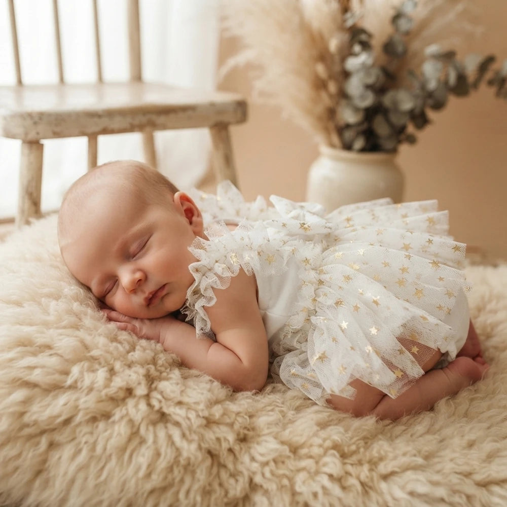 Elegant Baby White Star Tulle Romper Newborn Princess Posing Onesie