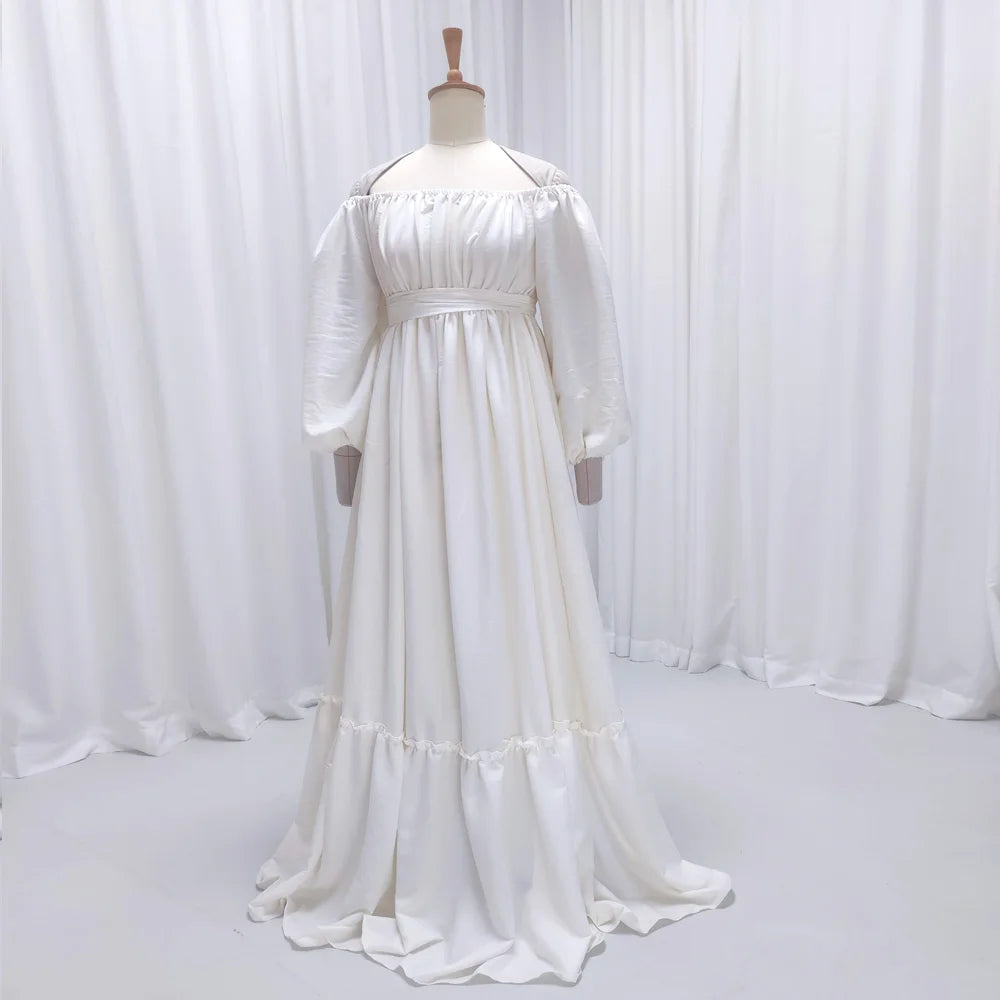 Bohemian Photo Shooting Pregnancy Dress Solid color soft cotton off shoulder waist lace up loose bubble sleeves maternity dress