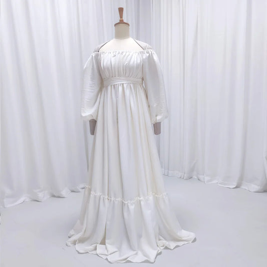 Bohemian Photo Shooting Pregnancy Dress Solid color soft cotton off shoulder waist lace up loose bubble sleeves maternity dress